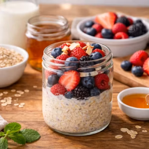 Glas mit Overnight Oats mit Beeren, frischen Erdbeeren, Himbeeren und Heidelbeeren auf einer Holzarbeitsfläche, umgeben von Haferflocken, Honig und Milch in einer hellen Küche.