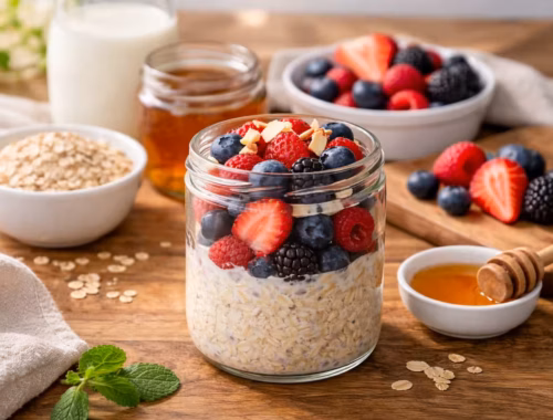 Glas mit Overnight Oats mit Beeren, frischen Erdbeeren, Himbeeren und Heidelbeeren auf einer Holzarbeitsfläche, umgeben von Haferflocken, Honig und Milch in einer hellen Küche.
