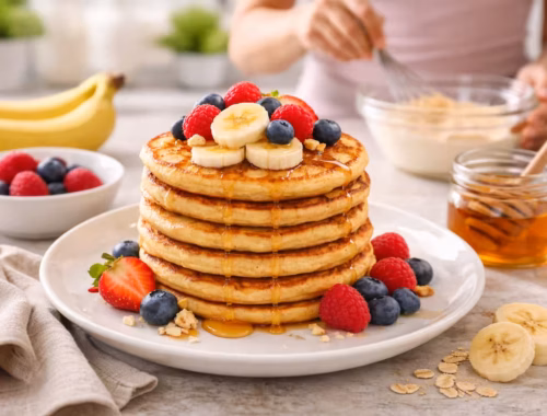 Protein Pancakes mit Banane als Frühstück: Stapel goldener Pancakes mit Bananenscheiben, Beeren und Honig auf einem Teller in einer hellen Küche