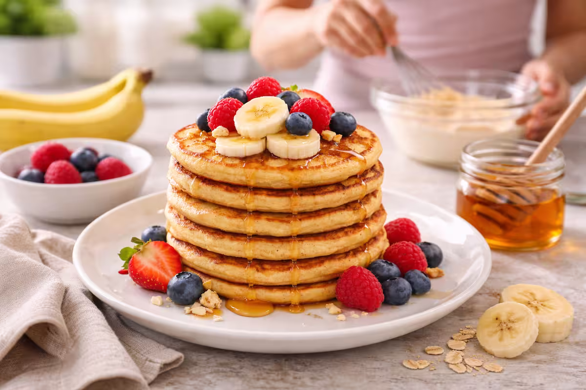 Protein Pancakes mit Banane als Frühstück: Stapel goldener Pancakes mit Bananenscheiben, Beeren und Honig auf einem Teller in einer hellen Küche