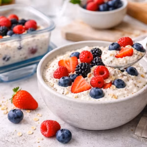 Schneller Quark Snack mit Beeren in einer Schale, garniert mit frischen Früchten und Löffel, daneben vorbereitete Portion im Glasbehälter für unterwegs