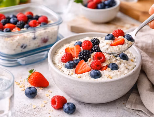 Schneller Quark Snack mit Beeren in 15 Minuten 44 Schneller Quark Snack mit Beeren in einer Schale, garniert mit frischen Früchten und Löffel, daneben vorbereitete Portion im Glasbehälter für unterwegs