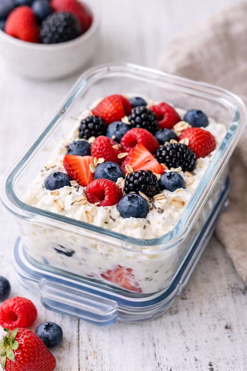 vorbereiteter Quark Snack in Glasbehälter für unterwegs