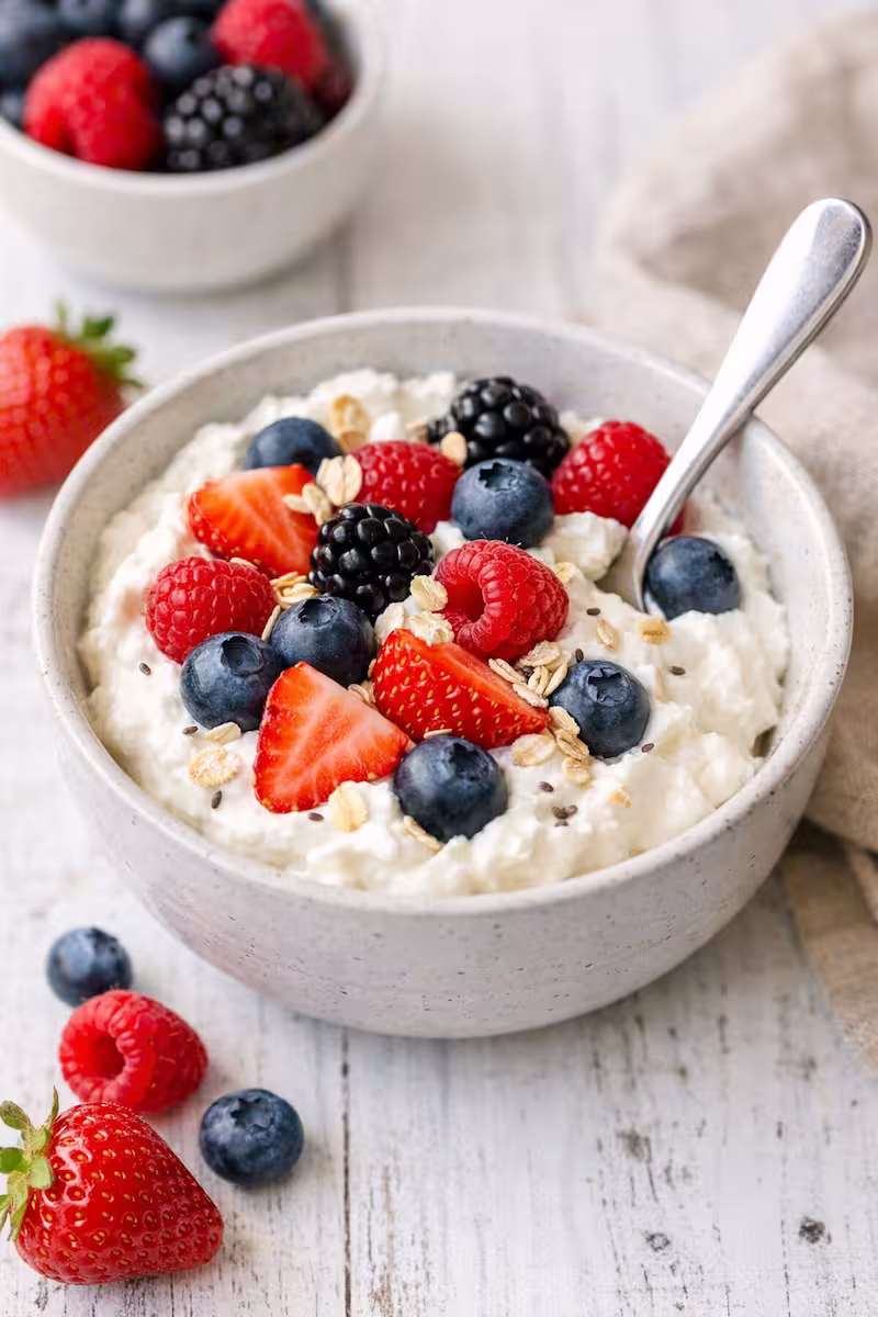 Quark in einer Schale mit frischen Beeren und Löffel