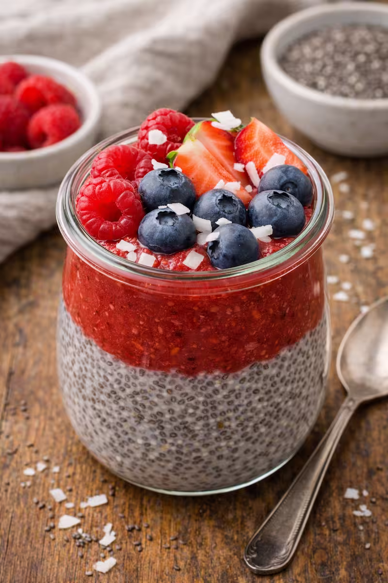 Schichtdessert im Glas mit Chiasamen und Frucht