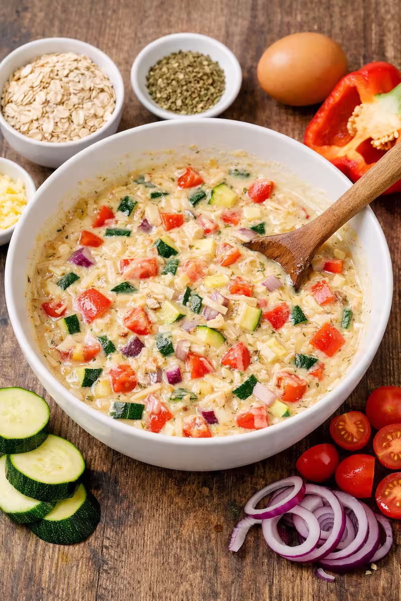 Schüttelpizza-Teig Schüssel mit angerührtem Schüttelpizza-Teig und frischem Gemüse daneben