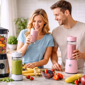 Smoothie Mixer im Alltag: Zwei Personen bereiten frische Smoothies mit Standmixer und To-Go-Mixer in einer modernen Küche zu