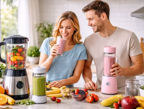 Welcher Smoothie Mixer passt zu deinem Alltag? 35 Smoothie Mixer im Alltag: Zwei Personen bereiten frische Smoothies mit Standmixer und To-Go-Mixer in einer modernen Küche zu