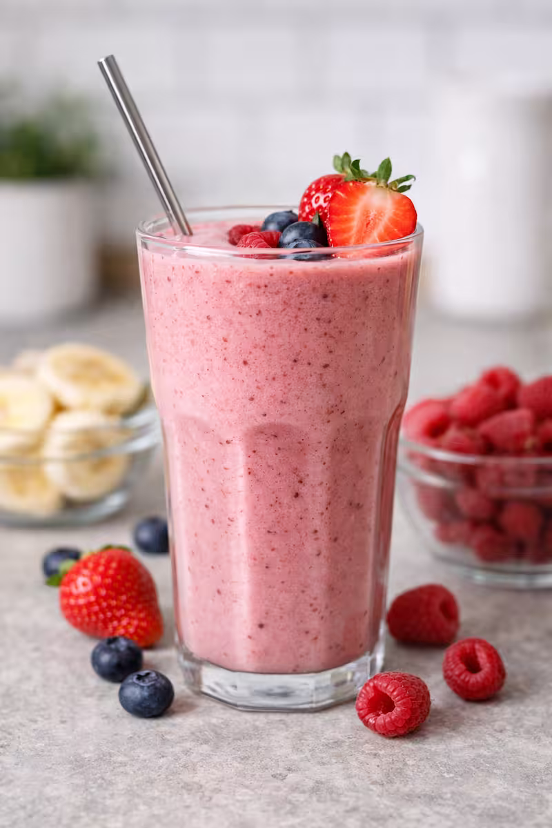 Smoothie im Glas mit cremiger Konsistenz und Früchten