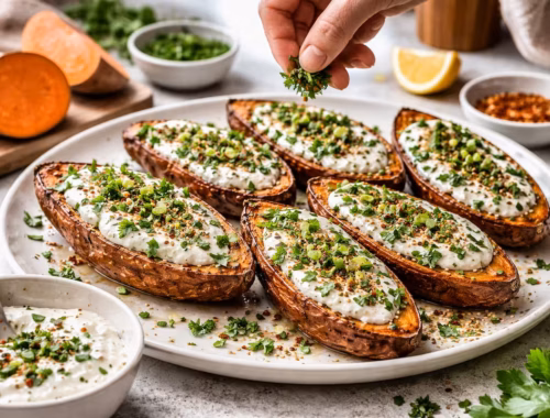 Süßkartoffel aus dem Ofen mit Joghurt für ein schnelles Mittagessen 26 Süßkartoffel Ofen mit Joghurt auf einem Teller angerichtet, mit frischen Kräutern und Gewürzen garniert