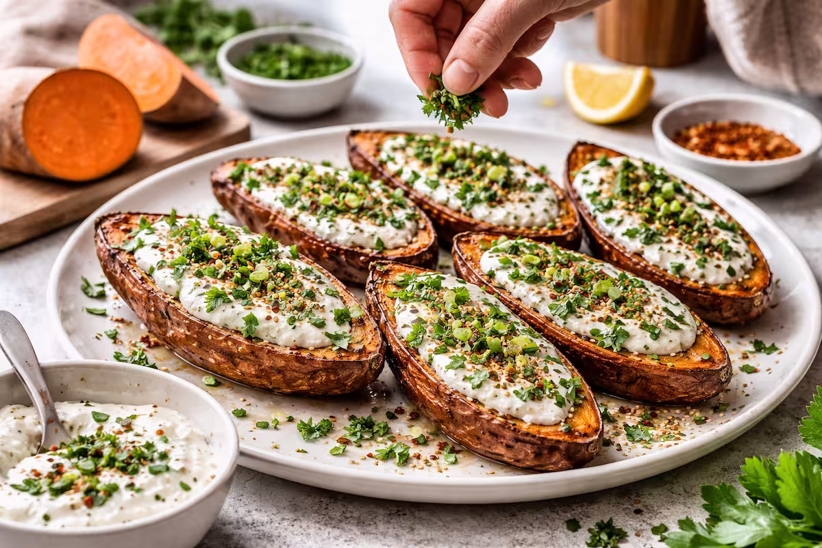 Süßkartoffel Ofen mit Joghurt auf einem Teller angerichtet, mit frischen Kräutern und Gewürzen garniert