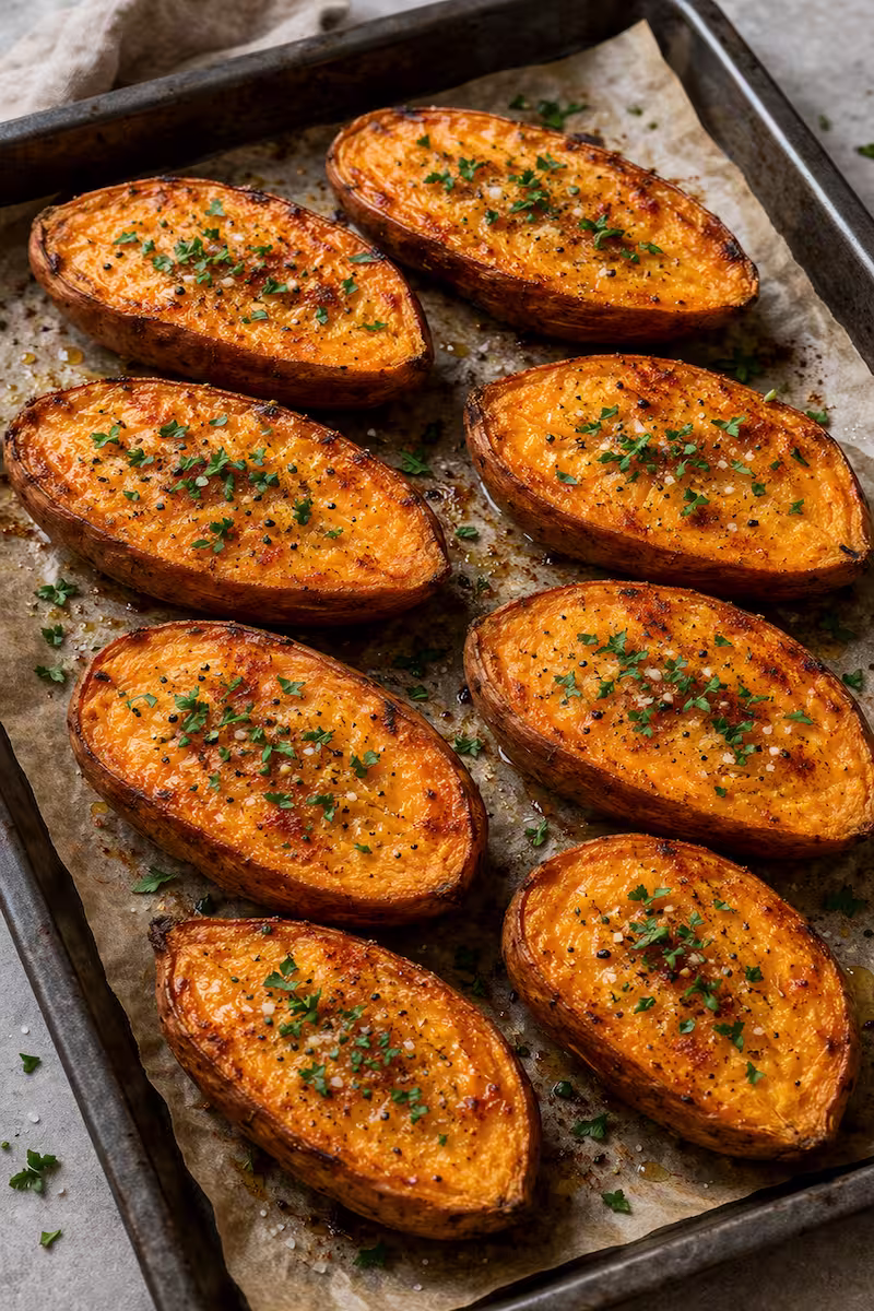 Süßkartoffeln auf einem Backblech mit goldener Oberfläche