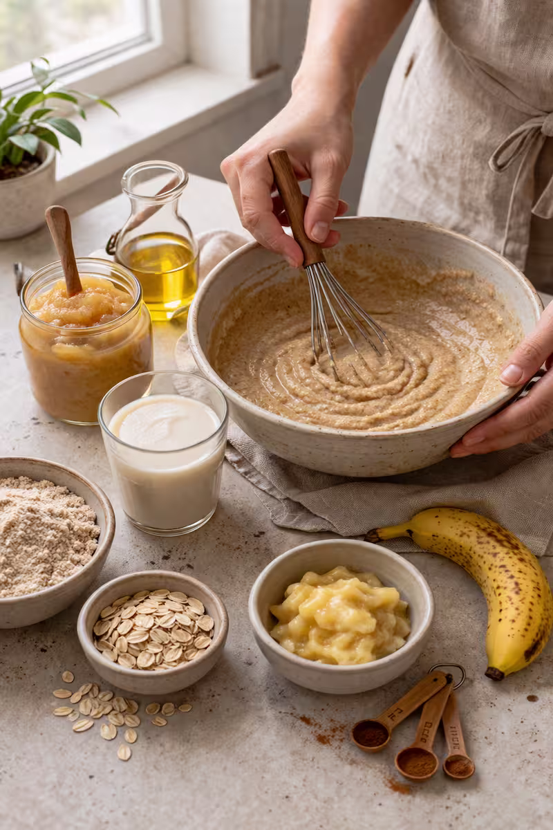 Teigzubereitung mit pflanzlichen Alternativen in Schüssel