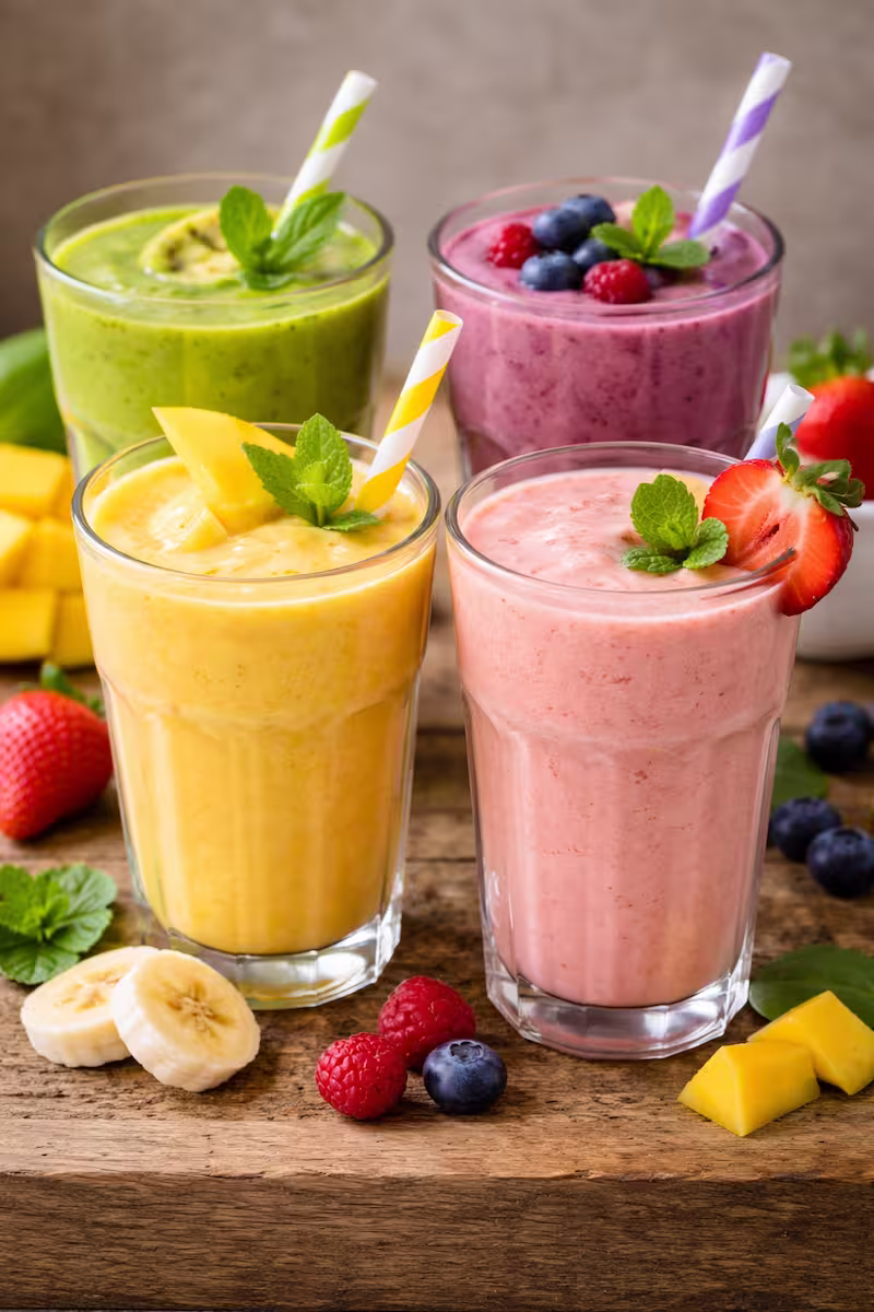 Verschiedene Smoothie-Varianten in Gläsern