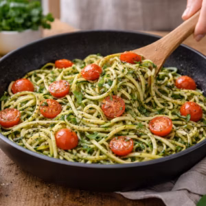 Zucchini Nudeln mit Tomaten in der Pfanne frisch zubereitet mit Kräutern und Kirschtomaten