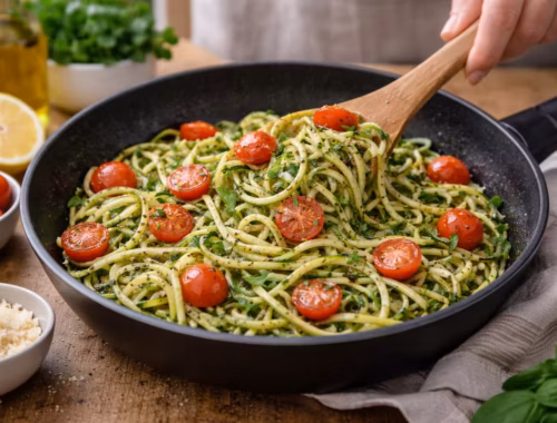 Zucchini Nudeln mit Tomaten in der Pfanne frisch zubereitet mit Kräutern und Kirschtomaten