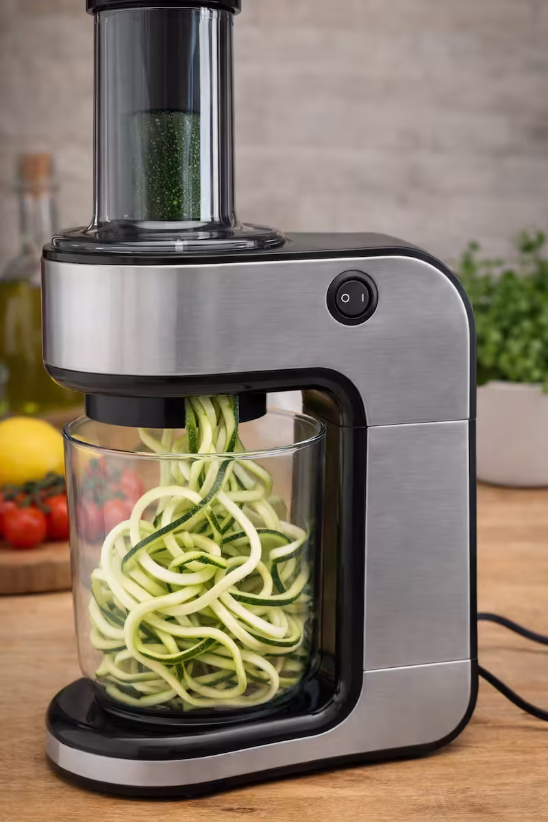 Zucchini-Zoodles mit Spiralschneider Zucchini-Zoodles werden mit Spiralschneider hergestellt