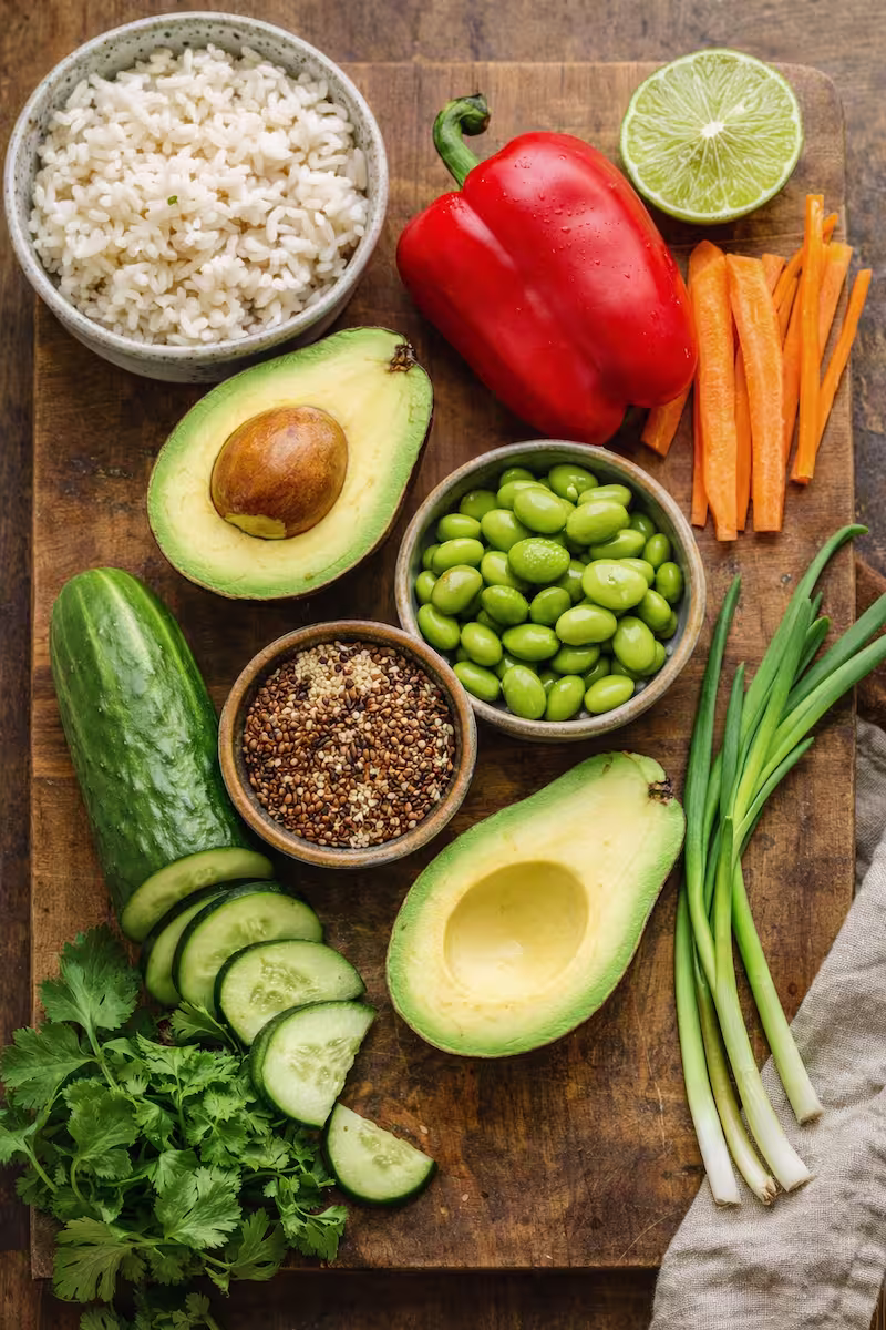 Zutaten einer Gemuese Bowl auf Kuechenarbeitsflaeche