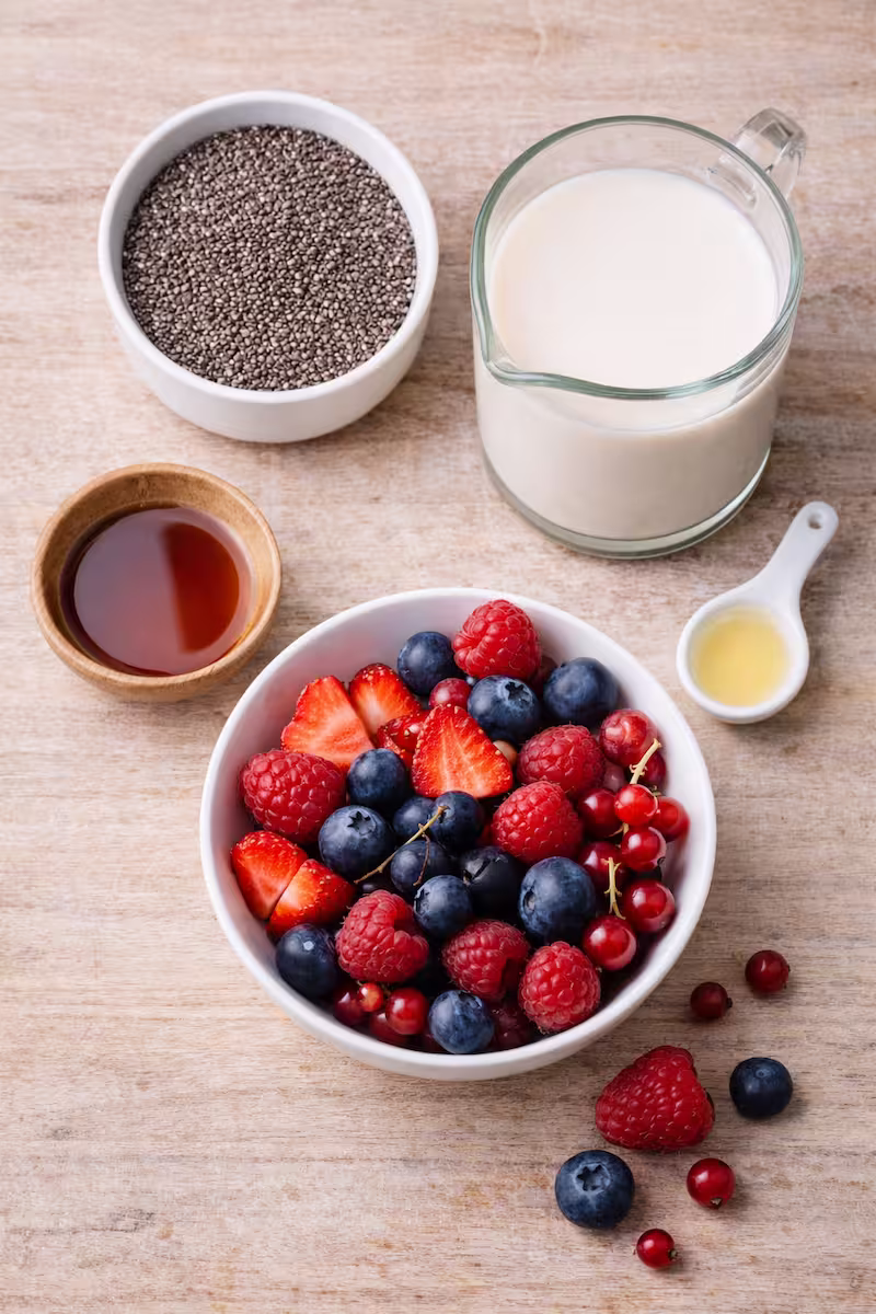 Zutaten für Chia Dessert Zutaten für Chia Dessert auf Arbeitsfläche