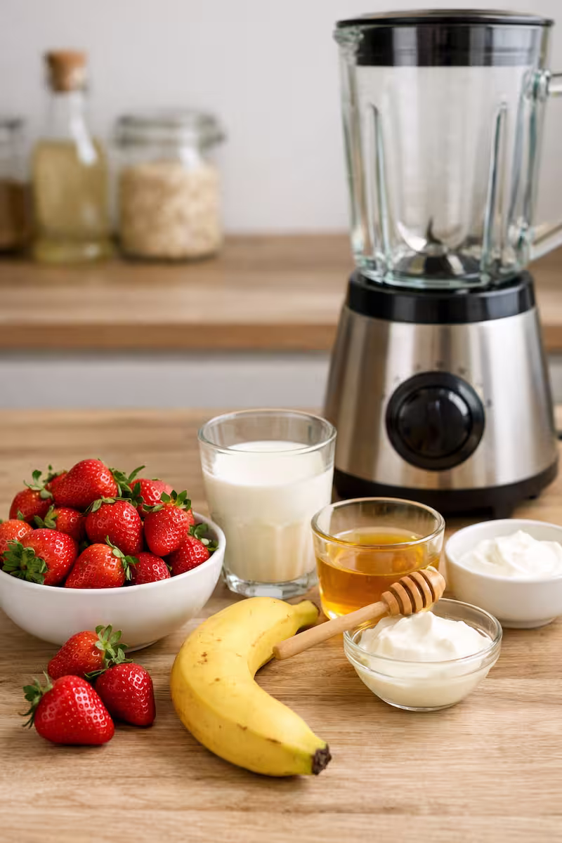 Zutaten für Smoothie auf Küchentisch, Erdbeeren, Banane, Mixer