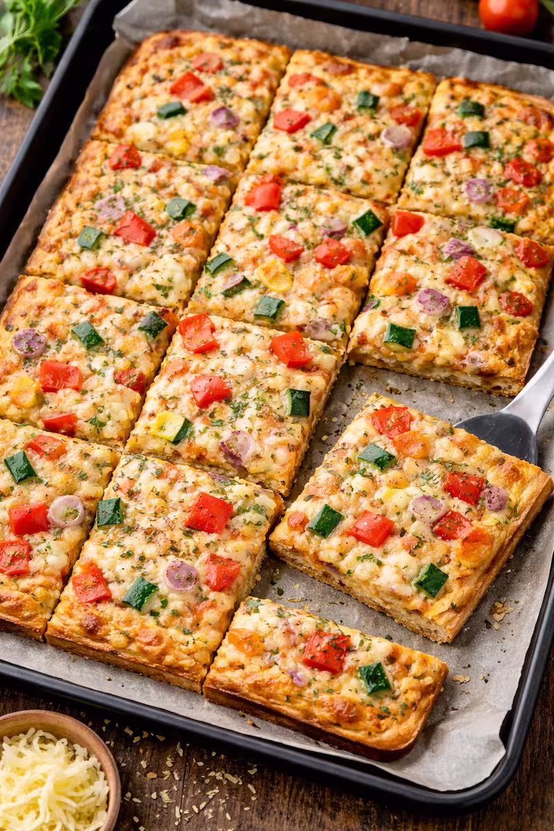 fertige Schüttelpizza fertige Schüttelpizza auf dem Blech, in Stücke geschnitten