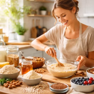 Frau bereitet Teig mit Haferflocken, Nüssen und Honig zu, gesunde Backzutaten im Alltag sinnvoll nutzen in heller Küche