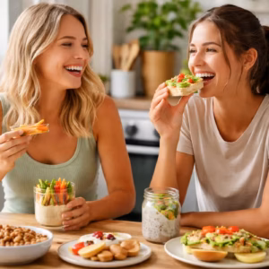 Zwei Frauen sitzen in einer hellen Küche und essen gemeinsam gesunde Snacks im Alltag wie Gemüse mit Dip, Nüsse, Joghurt und belegte Reiswaffeln an einem Tisch mit frischen Zutaten