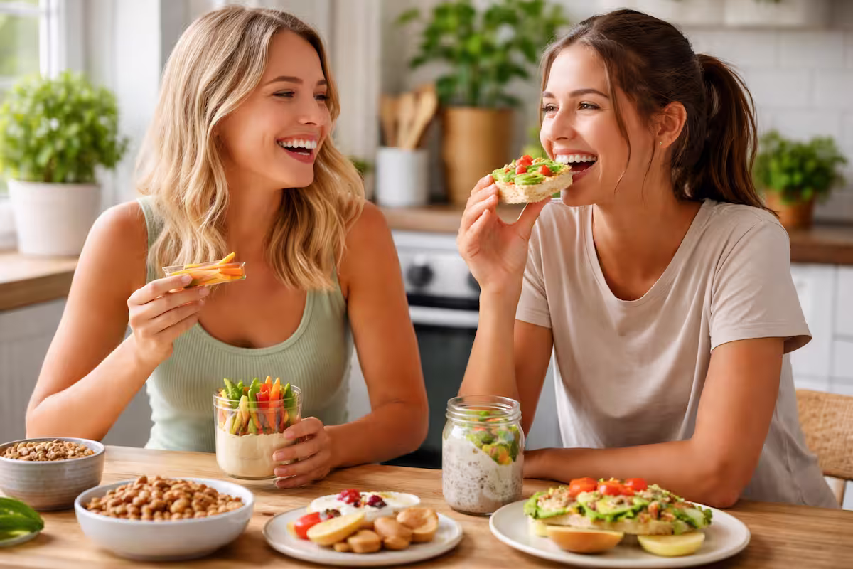 Zwei Frauen sitzen in einer hellen Küche und essen gemeinsam gesunde Snacks im Alltag wie Gemüse mit Dip, Nüsse, Joghurt und belegte Reiswaffeln an einem Tisch mit frischen Zutaten
