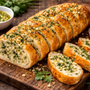 Gesundes Knoblauchbrot aufgeschnitten mit sichtbarer Knoblauch-Kräuter-Füllung, mehrere Scheiben daneben auf einem Holzbrett angerichtet