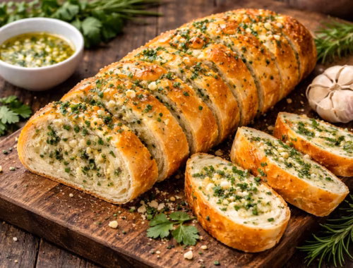 Gesundes Knoblauchbrot selber machen – einfache Variante 2 Gesundes Knoblauchbrot aufgeschnitten mit sichtbarer Knoblauch-Kräuter-Füllung, mehrere Scheiben daneben auf einem Holzbrett angerichtet