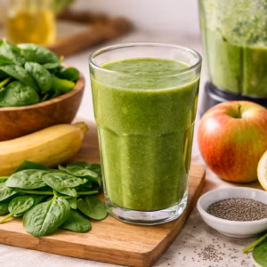 Frischer grüner Smoothie im Glas mit Spinat, Banane und Apfel auf einem Küchenbrett – Zutaten für einen klassischen grüner Smoothie mit Blattgemüse und Obst.