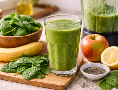 Frischer grüner Smoothie im Glas mit Spinat, Banane und Apfel auf einem Küchenbrett – Zutaten für einen klassischen grüner Smoothie mit Blattgemüse und Obst.