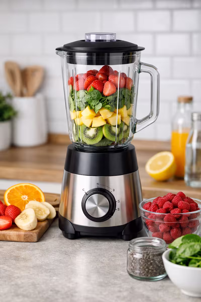 moderner Standmixer mit frischem Obst auf Küchenfläche