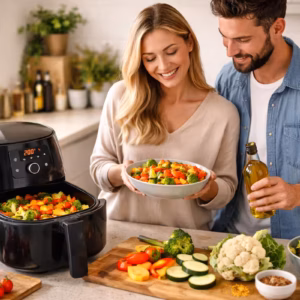 Airfryer für gesundes kochen: frisches Gemüse wird in moderner Küche im Airfryer zubereitet und serviert