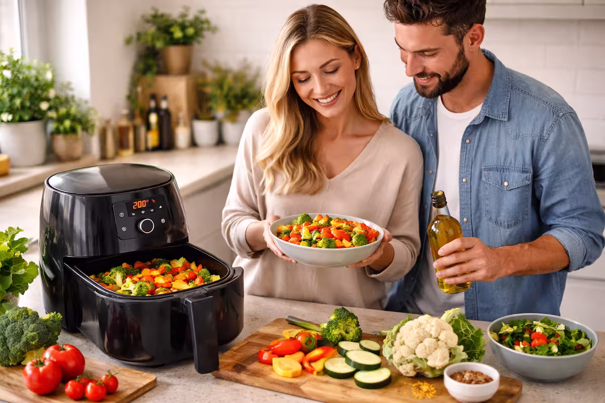 Airfryer für gesundes kochen: frisches Gemüse wird in moderner Küche im Airfryer zubereitet und serviert