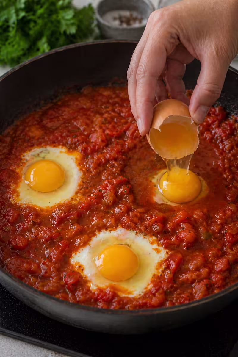 Arbeitsschritt Eier in Tomatensauce geben