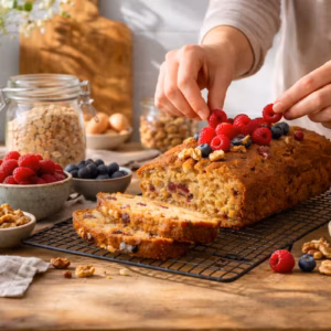 Frau dekoriert saftigen Kuchen beim Backen ohne Zucker in moderner Küche mit natürlichen Zutaten wie Beeren, Nüssen und Banane