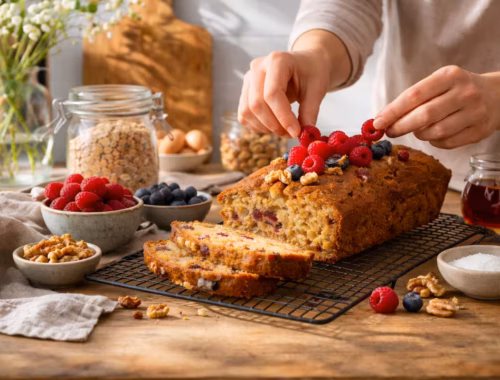 Frau dekoriert saftigen Kuchen beim Backen ohne Zucker in moderner Küche mit natürlichen Zutaten wie Beeren, Nüssen und Banane
