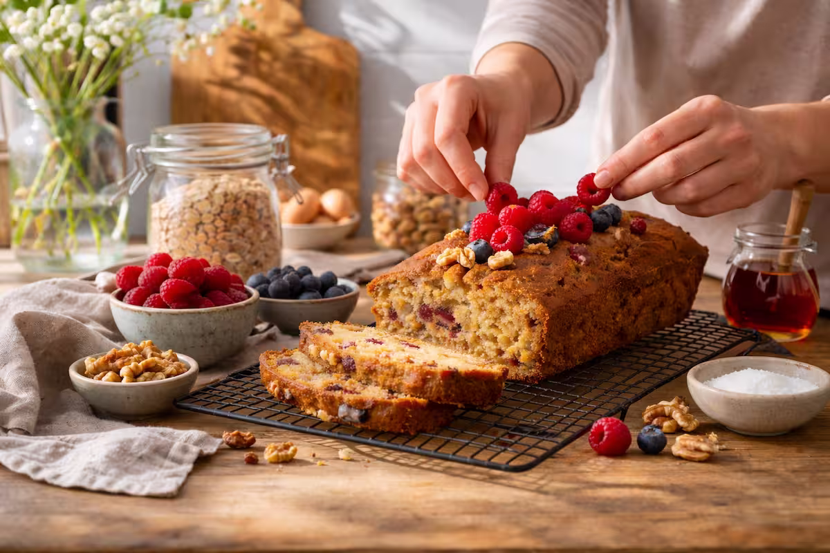 Frau dekoriert saftigen Kuchen beim Backen ohne Zucker in moderner Küche mit natürlichen Zutaten wie Beeren, Nüssen und Banane