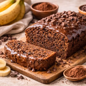 Bananen Schokokuchen – saftiger, vollständig schokoladiger Kastenkuchen mit glänzender Schokoladenglasur, angeschnitten auf Holzbrett, umgeben von Bananen und Schokostücken