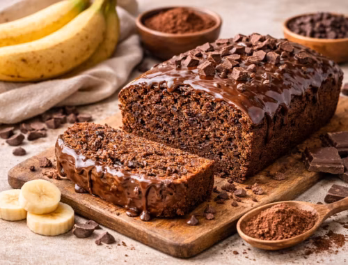 Bananen Schokokuchen – saftiger, vollständig schokoladiger Kastenkuchen mit glänzender Schokoladenglasur, angeschnitten auf Holzbrett, umgeben von Bananen und Schokostücken