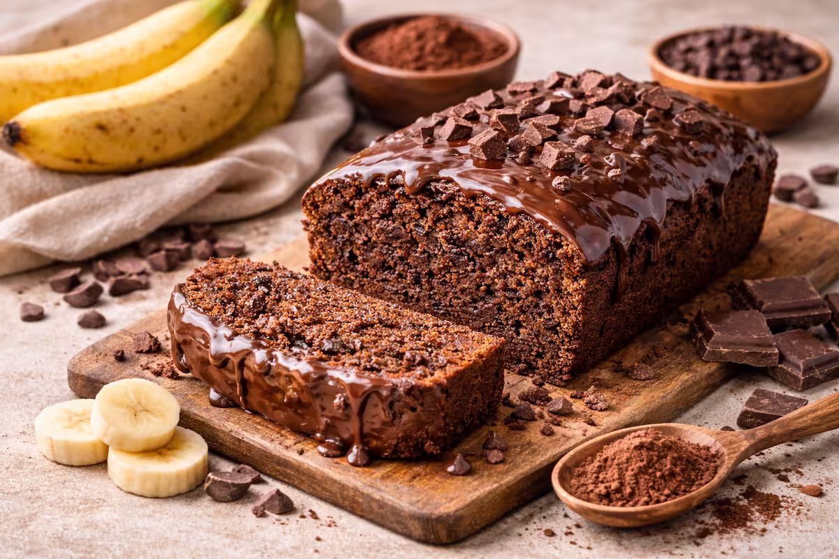 Bananen Schokokuchen – saftiger, vollständig schokoladiger Kastenkuchen mit glänzender Schokoladenglasur, angeschnitten auf Holzbrett, umgeben von Bananen und Schokostücken