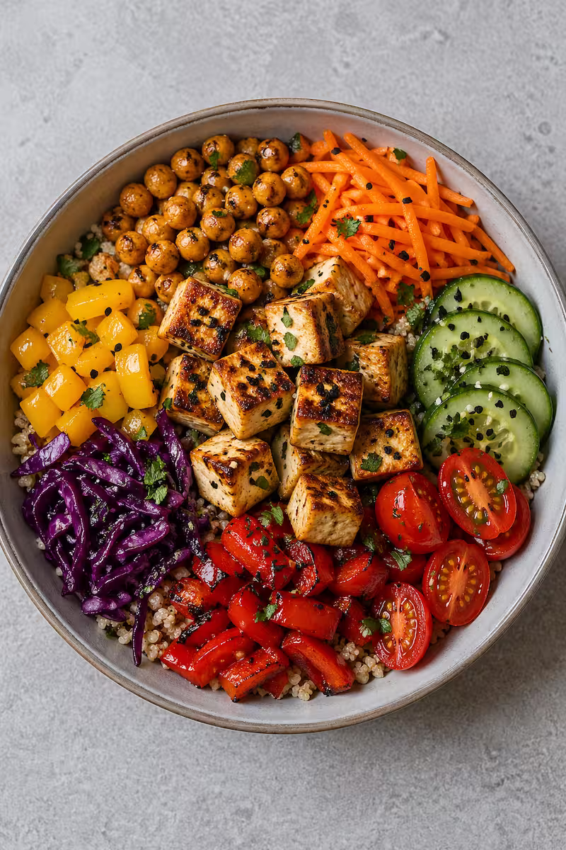Bowl mit Tofu, Kichererbsen und buntem Gemüse von oben fotografiert