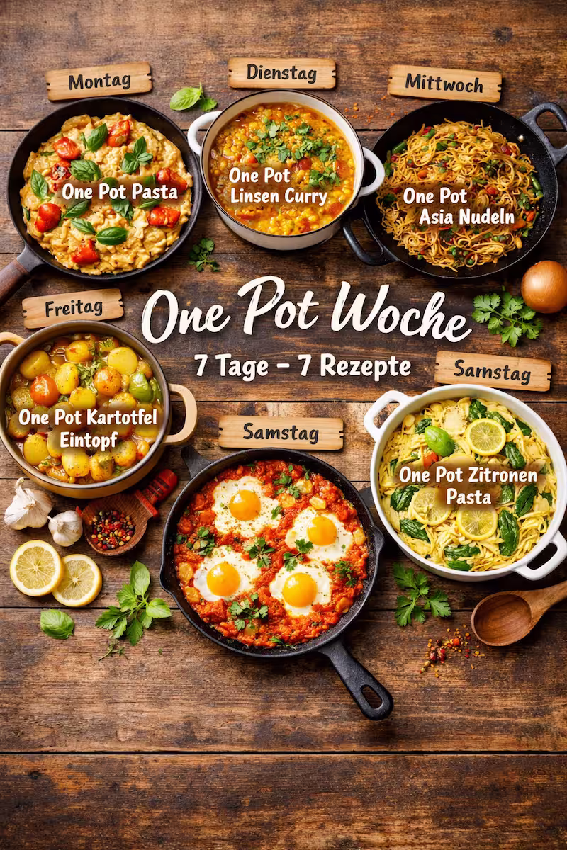 Überblick mehrerer One Pot Gerichte als Wochenplan auf einem Tisch angerichtet