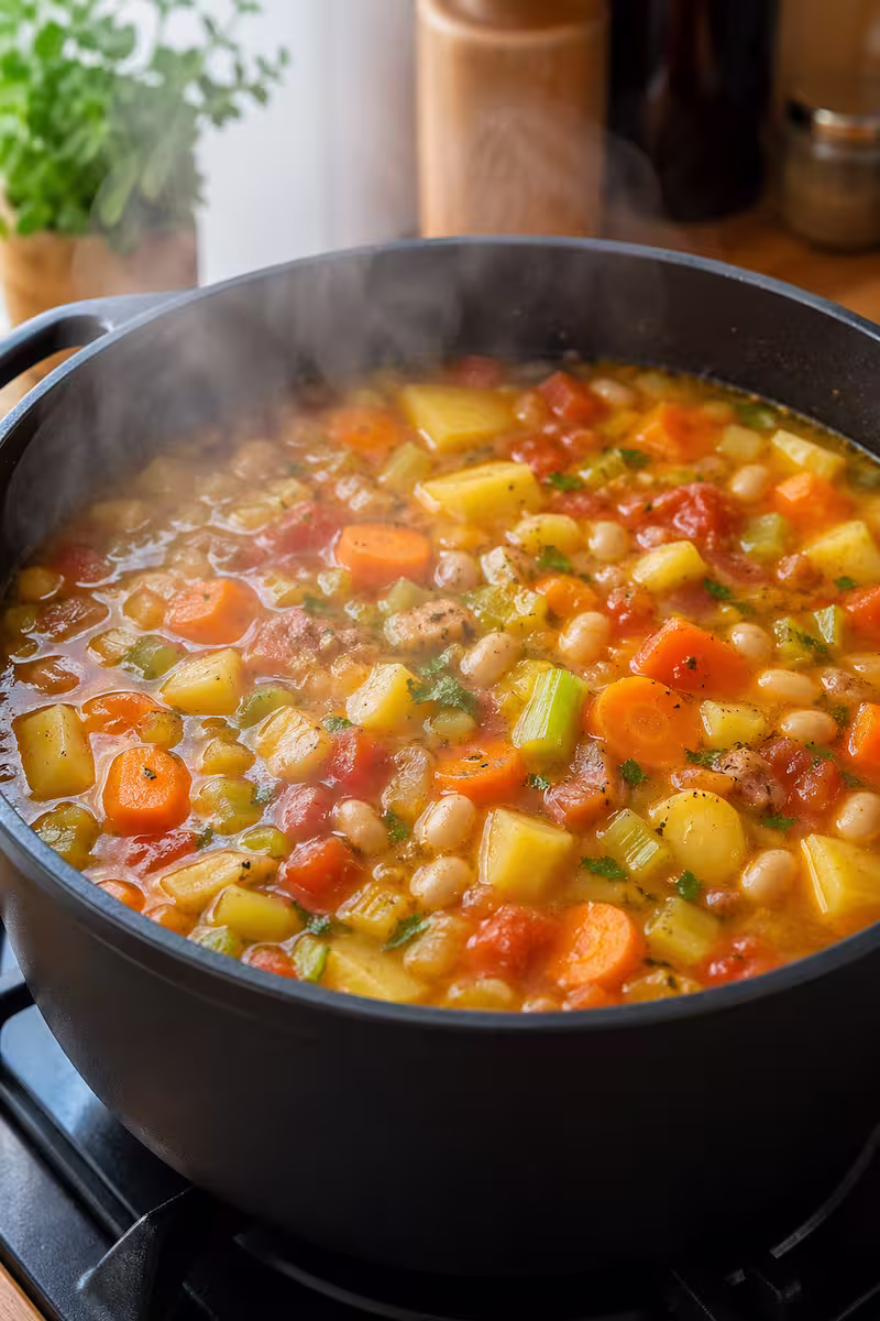 Eintopf im Topf während des Kochens mit sichtbarem Gemüse