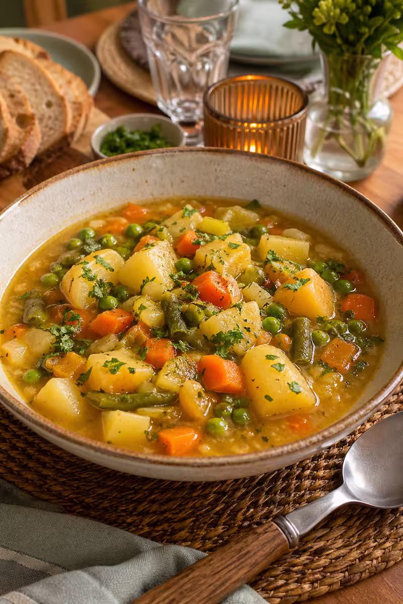 Fertiger Kartoffel Gemüse Eintopf in einer Schüssel Nahaufnahme