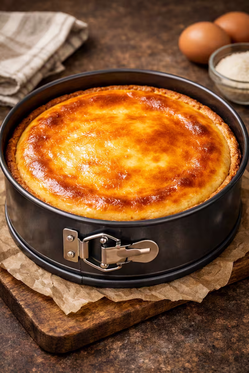 Frisch gebackener Käsekuchen in Springform, goldene Oberfläche