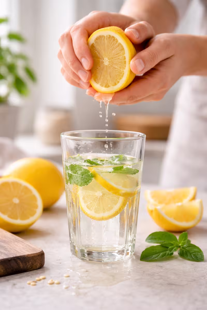 Hand pressen frischen Zitronensaft in Glas über Küche