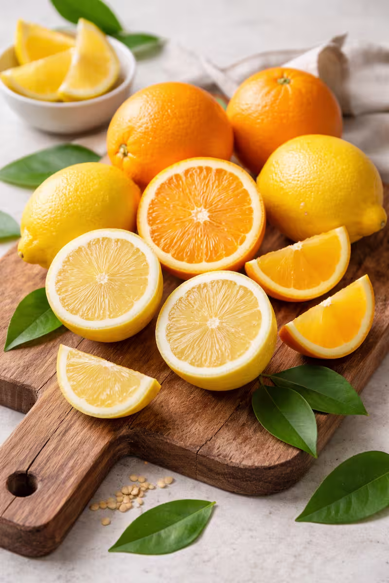 Frische Zitronen und Orangen auf Holzbrett, teilweise aufgeschnitten