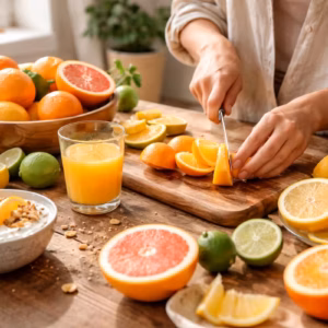 Zitrusfrüchte für die Ernährung: Frische Orangen, Zitronen, Limetten und Grapefruits werden in einer hellen Küche geschnitten und als gesunde Mahlzeit mit Saft und Frühstück angerichtet